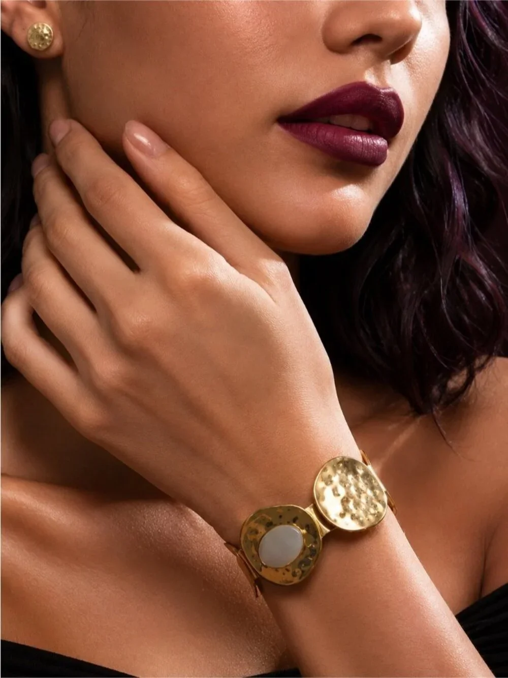 Gold Tone Cuff Bracelet with White Mother-of-Pearl Center